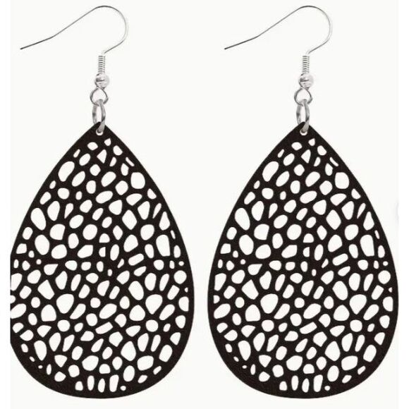 Black‎ Teardrop Light Weight Wooden Hollow Earrings New - Picture 1 of 2